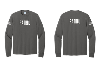 NYC Factory Patrol Cotton Long Sleeve T-Shirt (Classic) - Front + Back + US Flag Sleeve - Charcoal