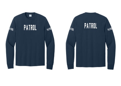 NYC Factory Patrol Cotton Long Sleeve T-Shirt (Classic) - Front + Back + Patrol Sleeves - Navy
