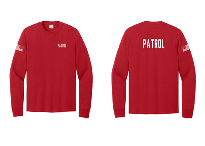 NYC Factory Patrol Cotton Long Sleeve T-Shirt (Classic) - Chest + Back + US Flag Sleeve - Red