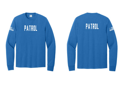 NYC Factory Patrol Cotton Long Sleeve T-Shirt (Classic) - Front + Back + US Flag Sleeve - Royal