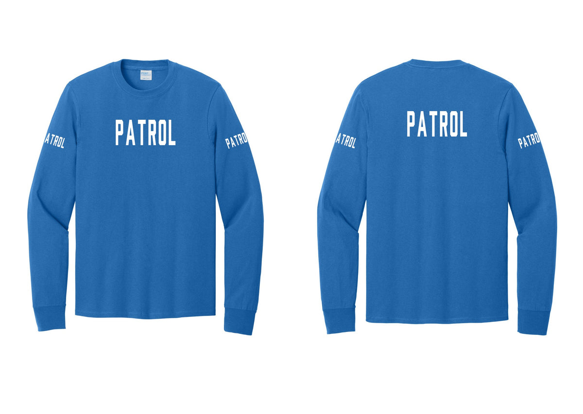 NYC Factory Patrol Cotton Long Sleeve T-Shirt (Classic) - Front + Back + Patrol Sleeves - Royal
