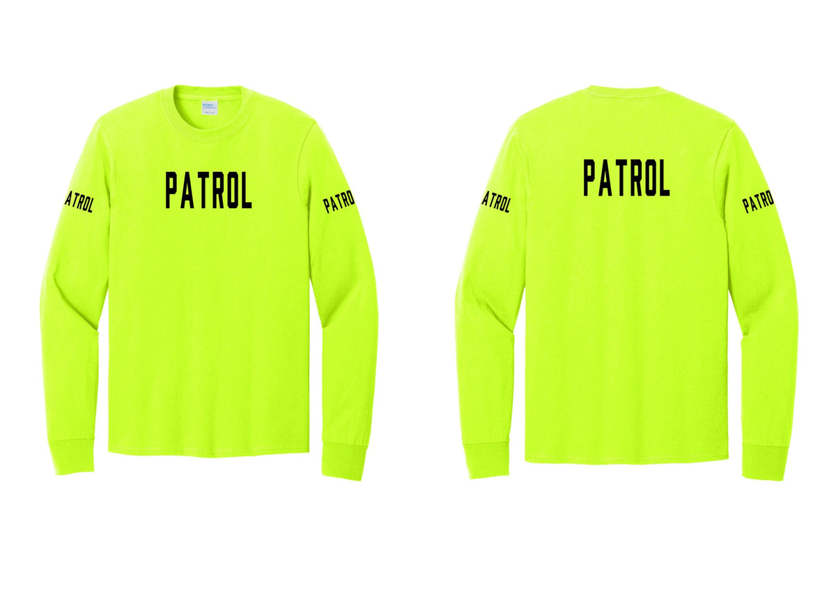 NYC Factory Patrol Cotton Long Sleeve T-Shirt (Classic) - Front + Back + Patrol Sleeves - Safety Green
