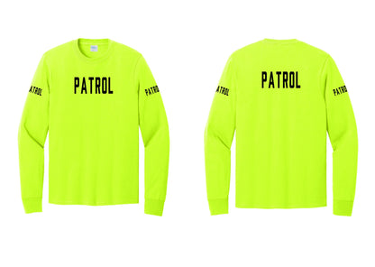NYC Factory Patrol Cotton Long Sleeve T-Shirt (Classic) - Front + Back + Patrol Sleeves - Safety Green