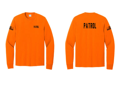 NYC Factory Patrol Cotton Long Sleeve T-Shirt (Classic) - Chest + Back + US Flag Sleeve - Safety Orange