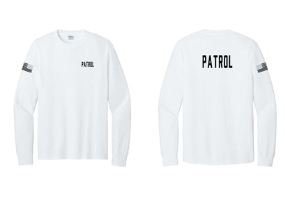 NYC Factory Patrol Cotton Long Sleeve T-Shirt (Classic) - Chest + Back + US Flag Sleeve - White