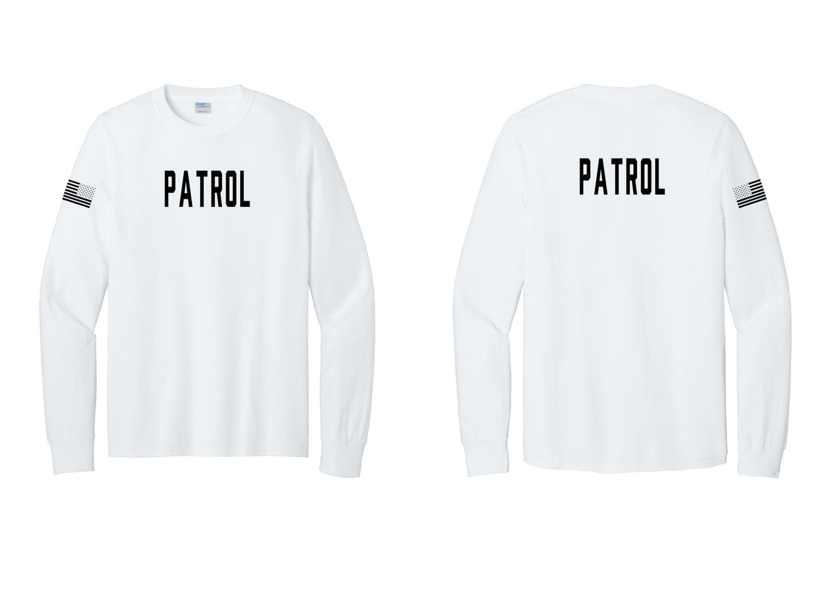NYC Factory Patrol Cotton Long Sleeve T-Shirt (Classic) - Front + Back + US Flag Sleeve - White