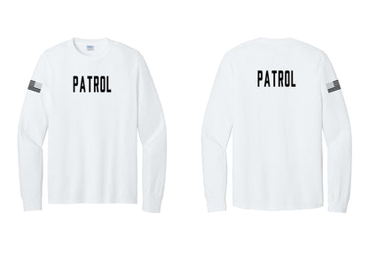 NYC Factory Patrol Cotton Long Sleeve T-Shirt (Classic) - Front + Back + US Flag Sleeve - White