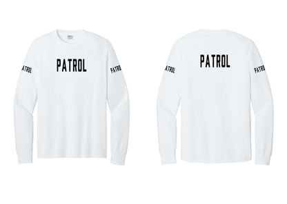 NYC Factory Patrol Cotton Long Sleeve T-Shirt (Classic) - Front + Back + Patrol Sleeves - White