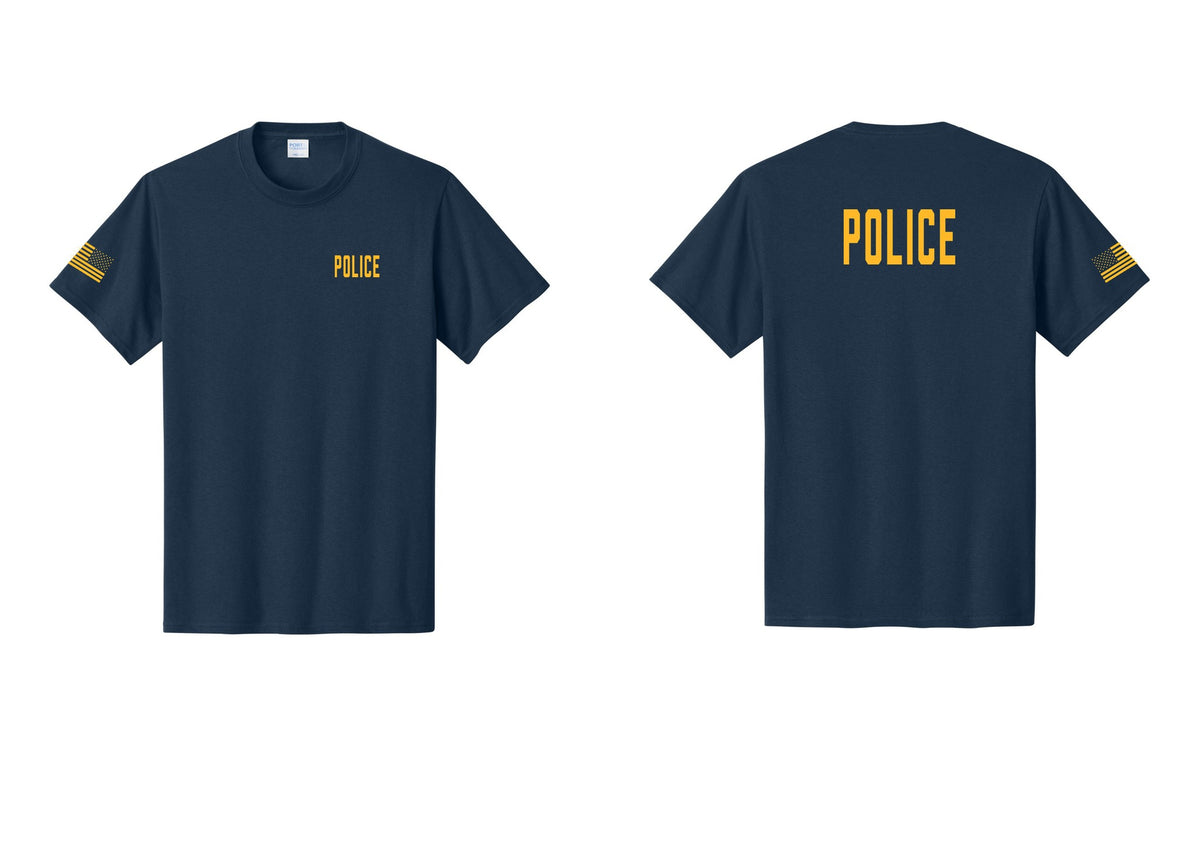 NYC Factory Police T-Shirt, Condensed Lettering - Chest + Back + US Flag Sleeve - Navy / Gold