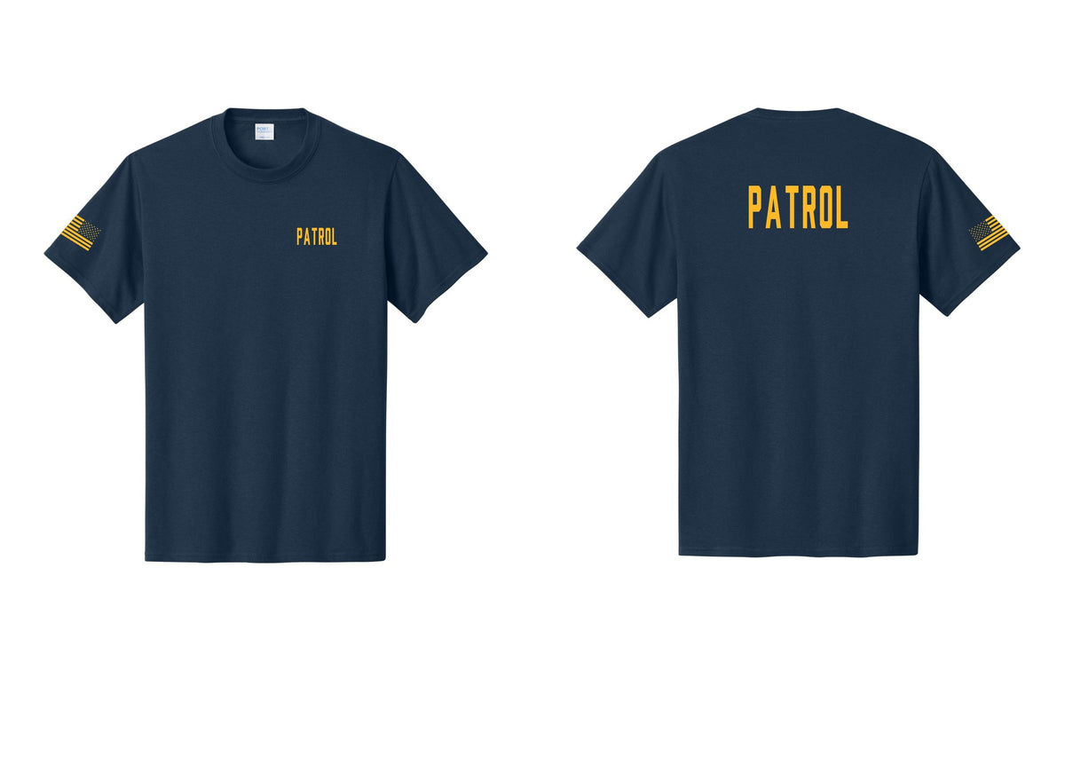 NYC Factory Patrol T-Shirt for Security & Event Teams (Classic) - Chest + Back + US Flag Sleeve - Navy / Gold