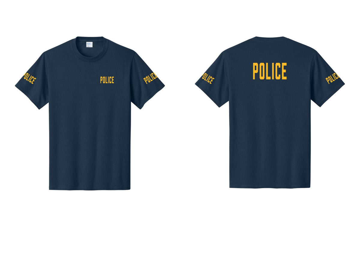 NYC Factory Police T-Shirt, Condensed Lettering - Chest + Back + Police Sleeves - Navy / Gold