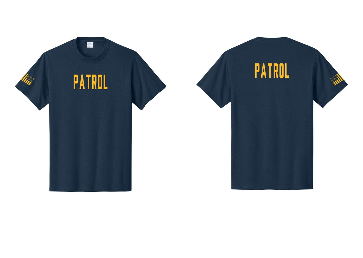NYC Factory Patrol T-Shirt for Security & Event Teams (Classic) - Front + Back + US Flag Sleeve - Navy / Gold