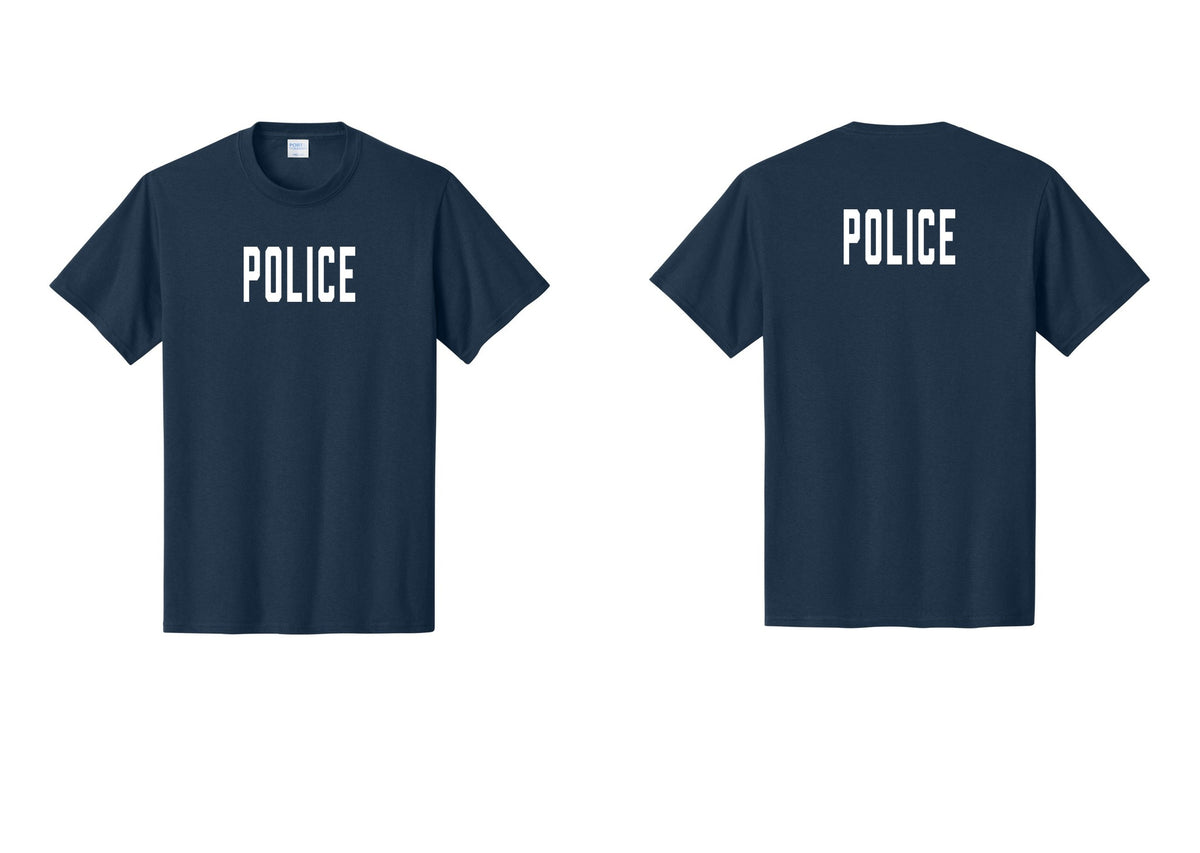 NYC Factory Police T-Shirt, Condensed Lettering - Front + Back - Navy