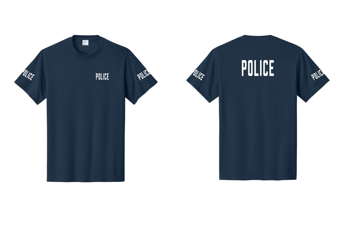 NYC Factory Police T-Shirt, Condensed Lettering - Chest + Back + Police Sleeves - Navy
