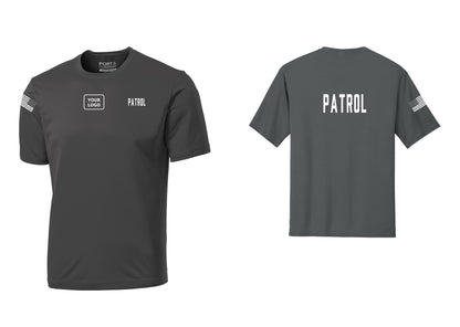 NYC Factory Custom Logo Patrol Performance T-Shirt (Classic) - PATROL + Your Logo + Back + US Flag Sleeve - Charcoal