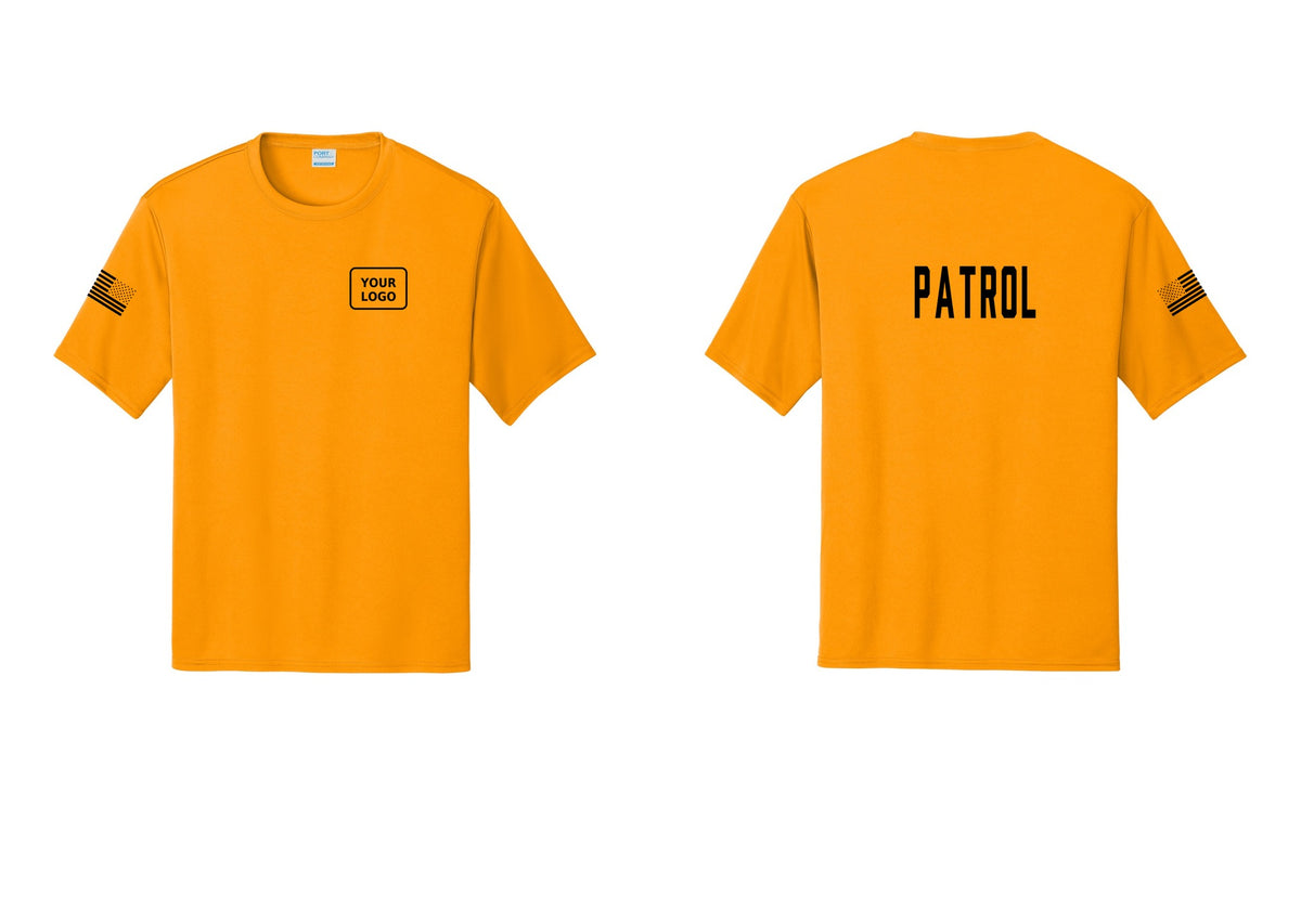 NYC Factory Custom Logo Patrol Performance T-Shirt (Classic) - Your Logo + Back + US Flag Sleeve - Gold