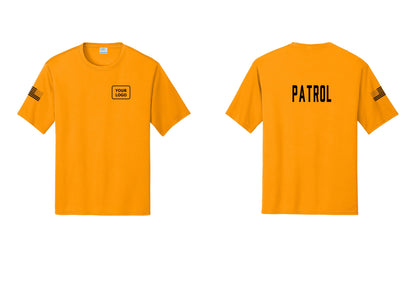 NYC Factory Custom Logo Patrol Performance T-Shirt (Classic) - Your Logo + Back + US Flag Sleeve - Gold