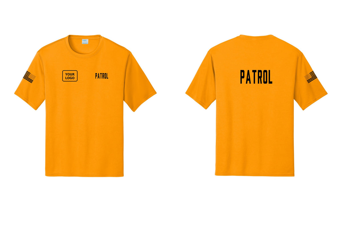 NYC Factory Custom Logo Patrol Performance T-Shirt (Classic) - PATROL + Your Logo + Back + US Flag Sleeve - Gold