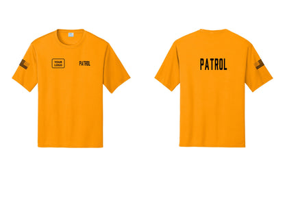 NYC Factory Custom Logo Patrol Performance T-Shirt (Classic) - PATROL + Your Logo + Back + US Flag Sleeve - Gold