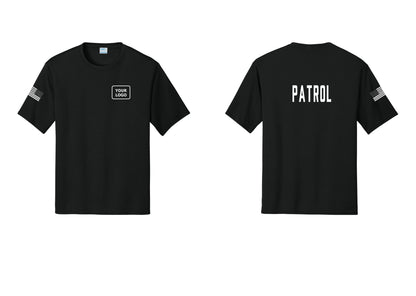 NYC Factory Custom Logo Patrol Performance T-Shirt (Classic) - Your Logo + Back + US Flag Sleeve - Black