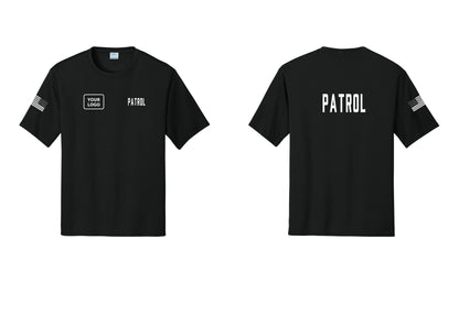 NYC Factory Custom Logo Patrol Performance T-Shirt (Classic) - PATROL + Your Logo + Back + US Flag Sleeve - Black
