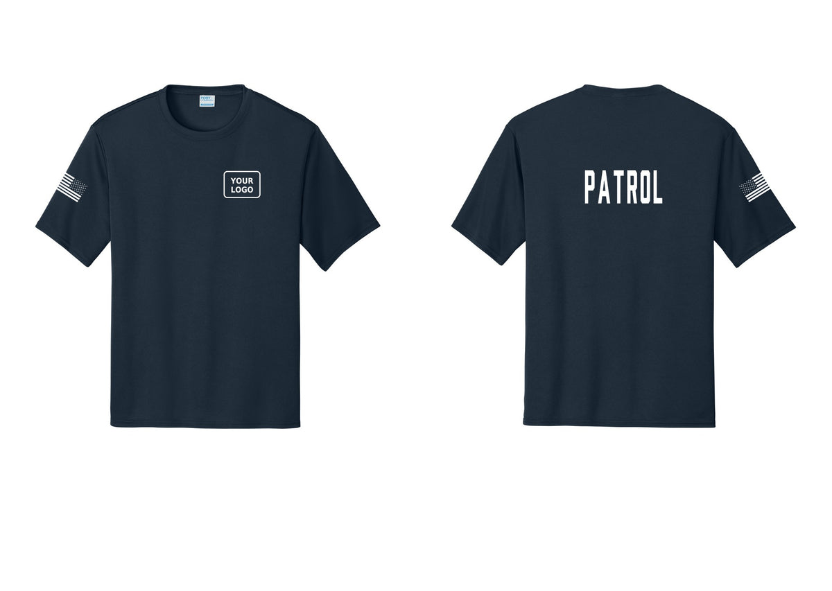 NYC Factory Custom Logo Patrol Performance T-Shirt (Classic) - Your Logo + Back + US Flag Sleeve - Navy
