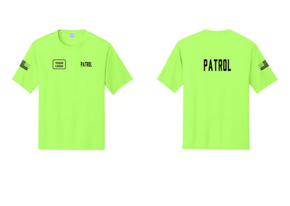 NYC Factory Custom Logo Patrol Performance T-Shirt (Classic) - PATROL + Your Logo + Back + US Flag Sleeve - Neon Green