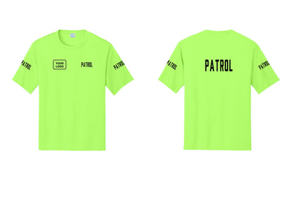 NYC Factory Custom Logo Patrol Performance T-Shirt (Classic) - PATROL + Your Logo + Back + Patrol Sleeves - Neon Green