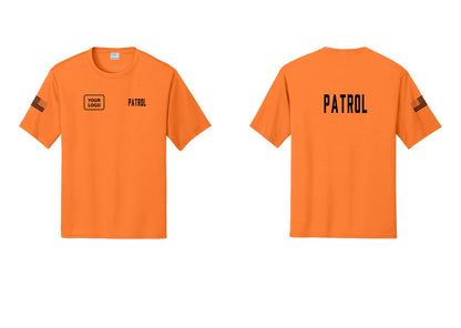 NYC Factory Custom Logo Patrol Performance T-Shirt (Classic) - PATROL + Your Logo + Back + US Flag Sleeve - Neon Orange