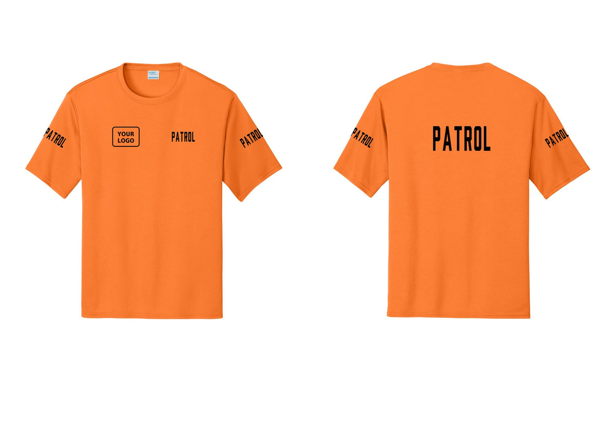 NYC Factory Custom Logo Patrol Performance T-Shirt (Classic) - PATROL + Your Logo + Back + Patrol Sleeves - Neon Orange