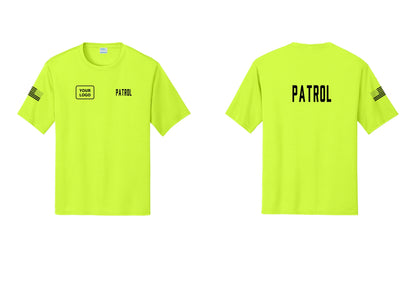 NYC Factory Custom Logo Patrol Performance T-Shirt (Classic) - PATROL + Your Logo + Back + US Flag Sleeve - Neon Yellow