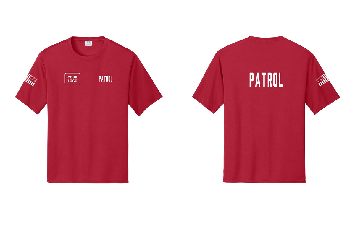 NYC Factory Custom Logo Patrol Performance T-Shirt (Classic) - PATROL + Your Logo + Back + US Flag Sleeve - Red