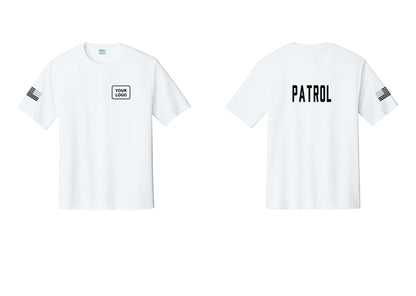 NYC Factory Custom Logo Patrol Performance T-Shirt (Classic) - Your Logo + Back + US Flag Sleeve - White