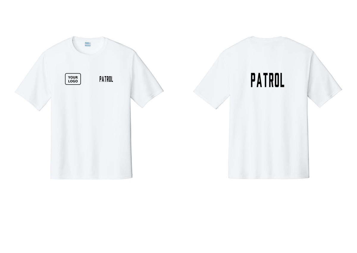 NYC Factory Custom Logo Patrol Performance T-Shirt (Classic) - PATROL + Your Logo + Back - White