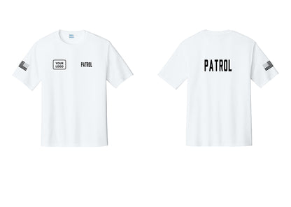 NYC Factory Custom Logo Patrol Performance T-Shirt (Classic) - PATROL + Your Logo + Back + US Flag Sleeve - White