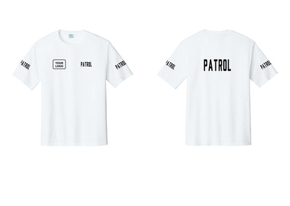 NYC Factory Custom Logo Patrol Performance T-Shirt (Classic) - PATROL + Your Logo + Back + Patrol Sleeves - White