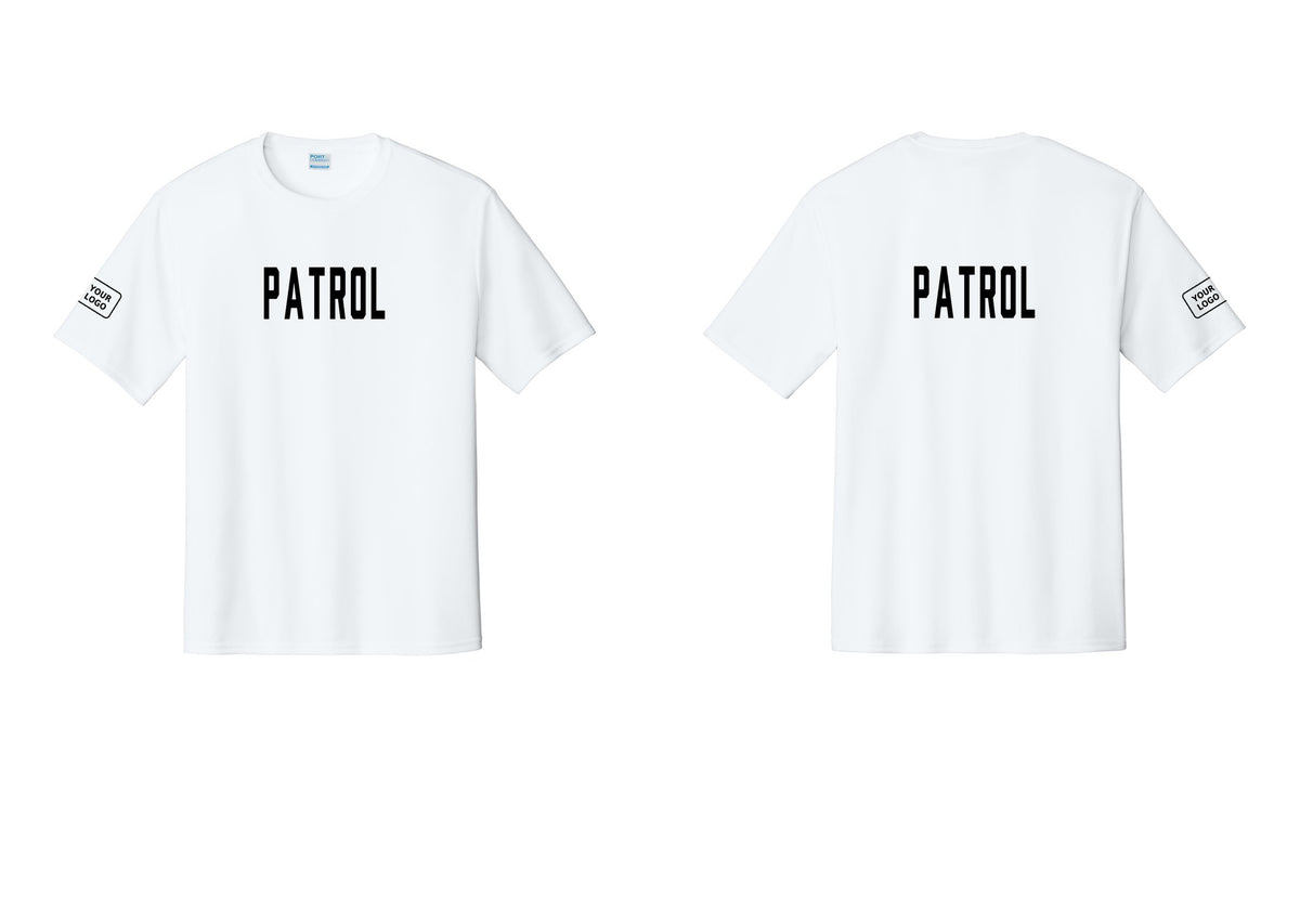 NYC Factory Custom Logo Patrol Performance T-Shirt (Classic) - Front + Back + Your Logo Sleeve - White