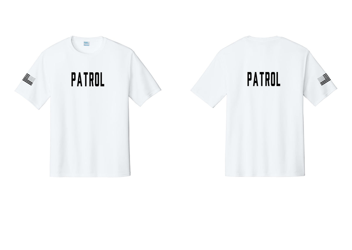 NYC Factory Patrol Performance T-Shirt (Classic) - Front + Back + US Flag Sleeve - White