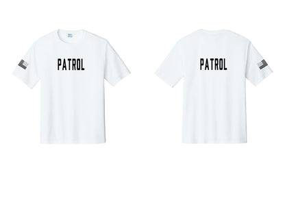 NYC Factory Patrol Performance T-Shirt (Classic) - Front + Back + US Flag Sleeve - White