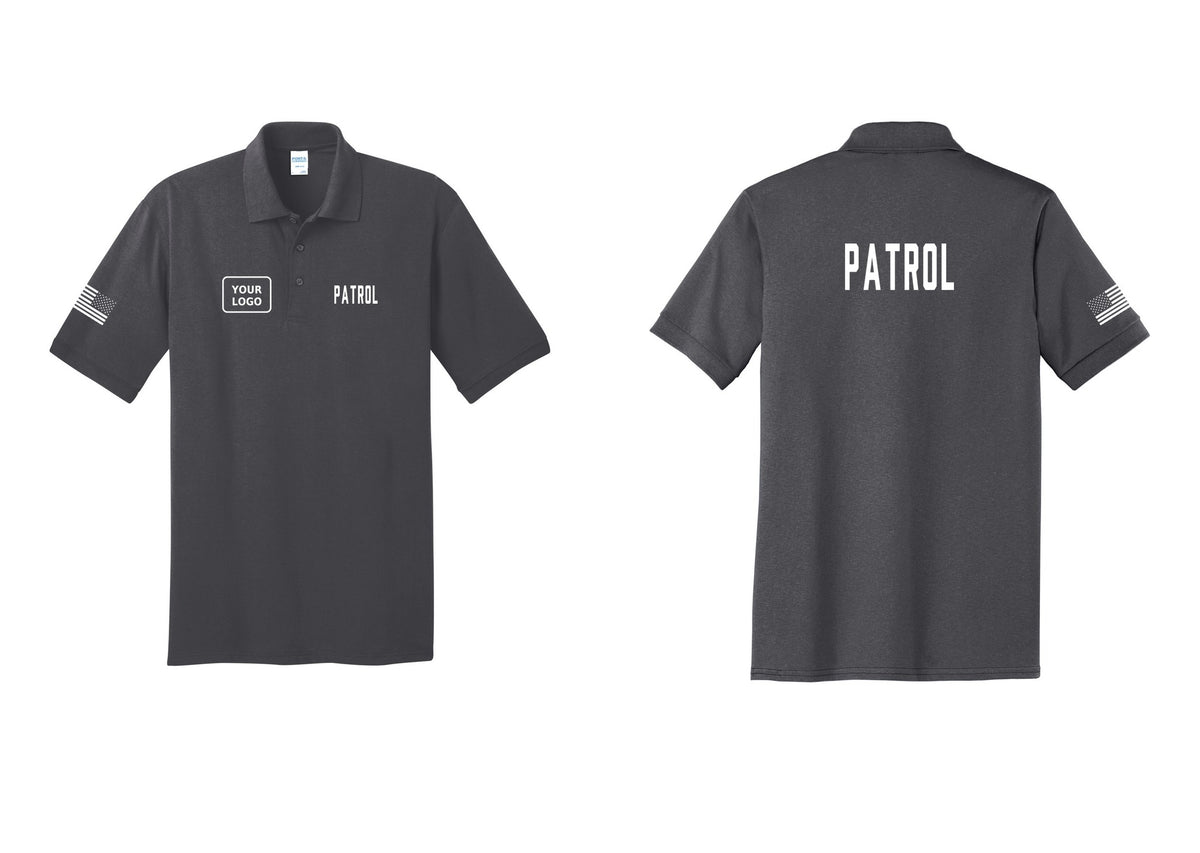 NYC Factory Custom Logo Patrol Polo Shirt (Classic) - PATROL + Your Logo + Back + US Flag Sleeve - Charcoal