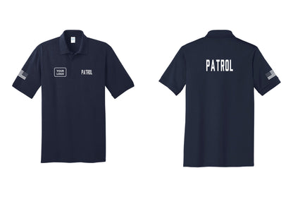 NYC Factory Custom Logo Patrol Polo Shirt (Classic) - PATROL + Your Logo + Back + US Flag Sleeve - Navy