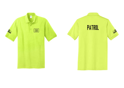NYC Factory Custom Logo Patrol Polo Shirt (Classic) - Your Logo + Back + US Flag Sleeve - Safety Green