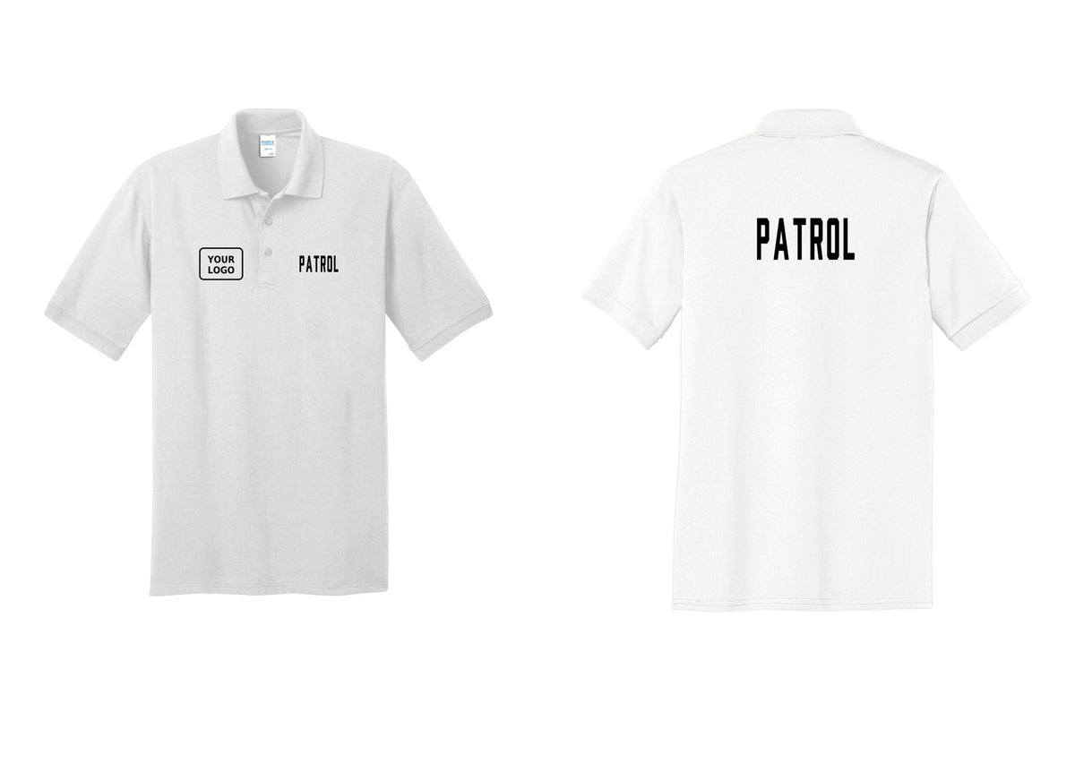NYC Factory Custom Logo Patrol Polo Shirt (Classic) - PATROL + Your Logo + Back - White
