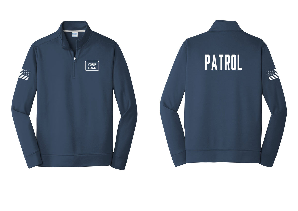 NYC Factory Custom Logo Patrol Performance Fleece 1/4-Zip Pullover Sweatshirt (Classic) - Your Logo + Back + US Flag Sleeve - Navy