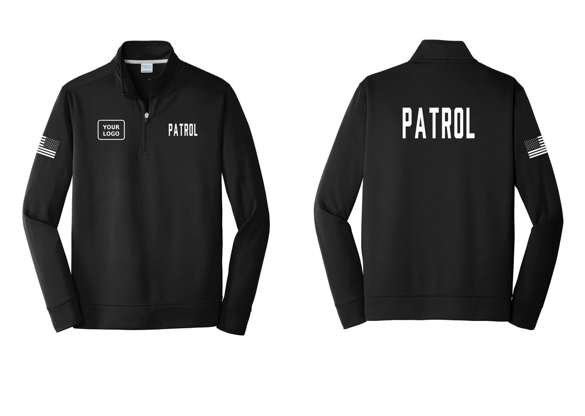 NYC Factory Custom Logo Patrol Performance Fleece 1/4-Zip Pullover Sweatshirt (Classic) - PATROL + Your Logo + Back + US Flag Sleeve - Black