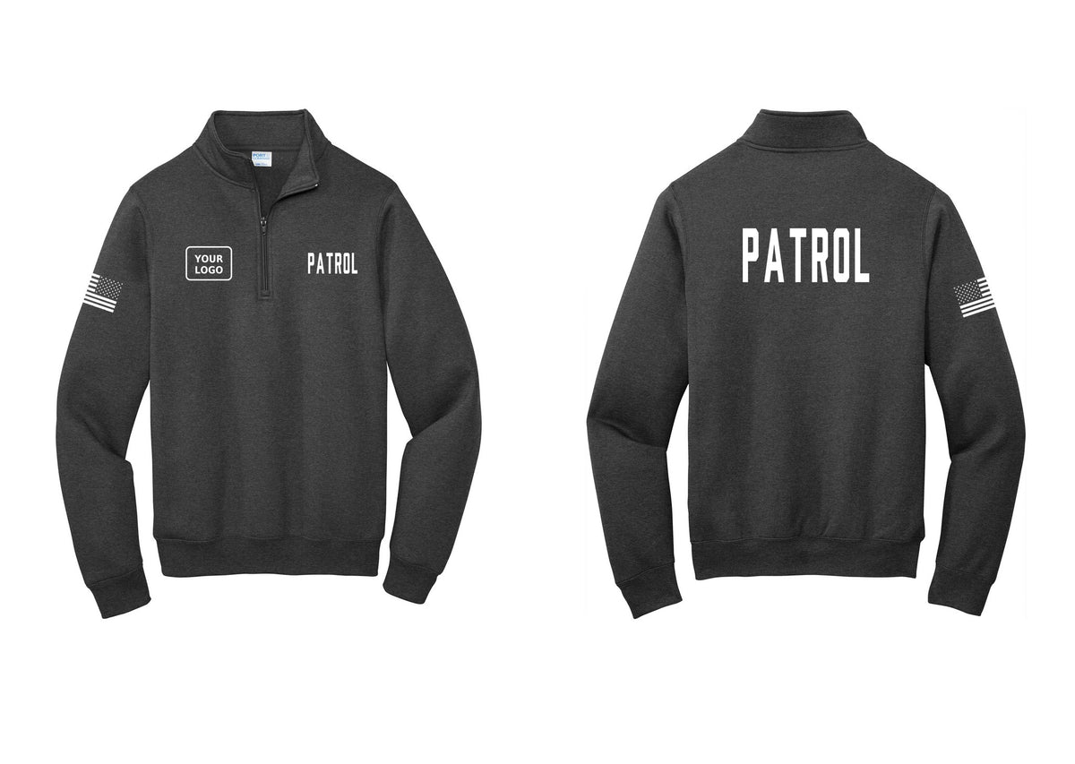NYC Factory Custom Logo Patrol Cotton Fleece 1/4-Zip Pullover Sweatshirt (Classic) - PATROL + Your Logo + Back + US Flag Sleeve - Dark Heather Grey