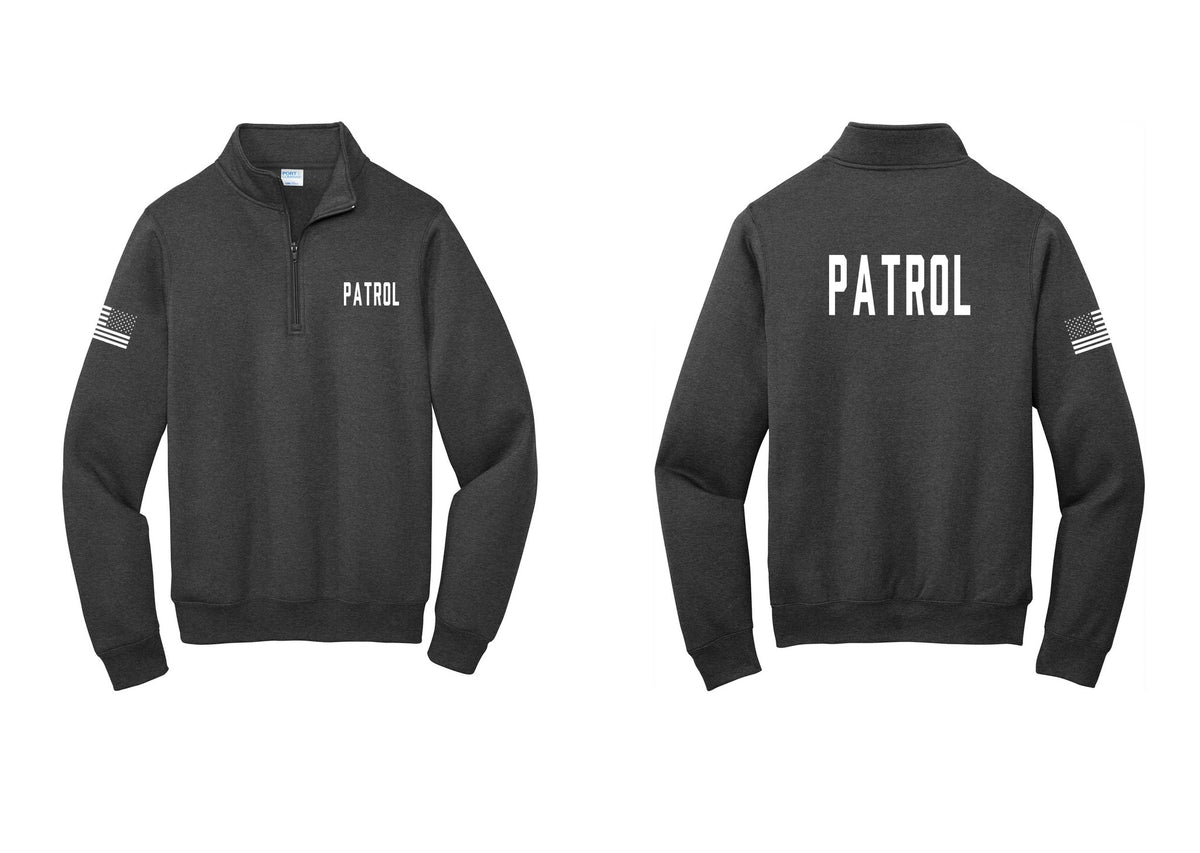 NYC Factory Patrol Cotton Fleece 1/4-Zip Pullover Sweatshirt (Classic) - Chest + Back + US Flag Sleeve - Dark Heather Grey