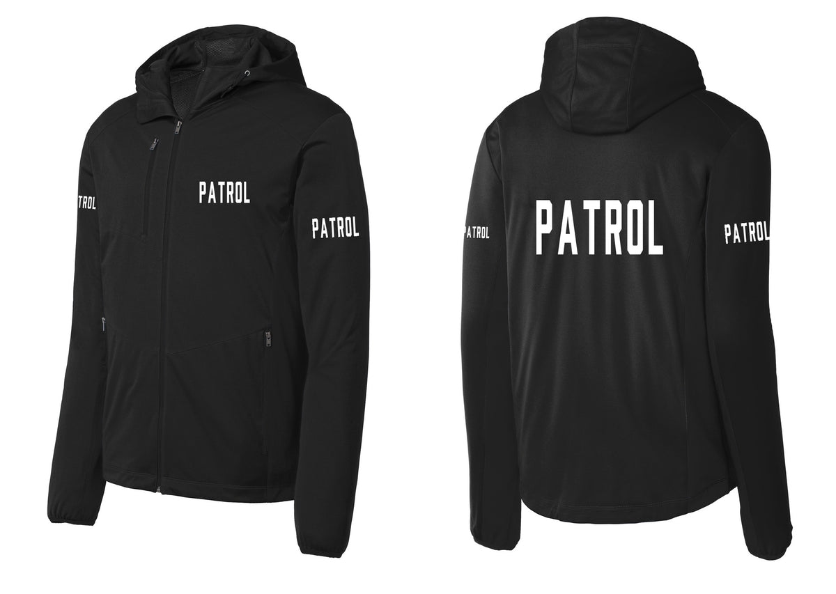 NYC Factory Patrol Soft Shell Hooded Jacket (Classic) - Chest + Back + Patrol Sleeves - Deep Black