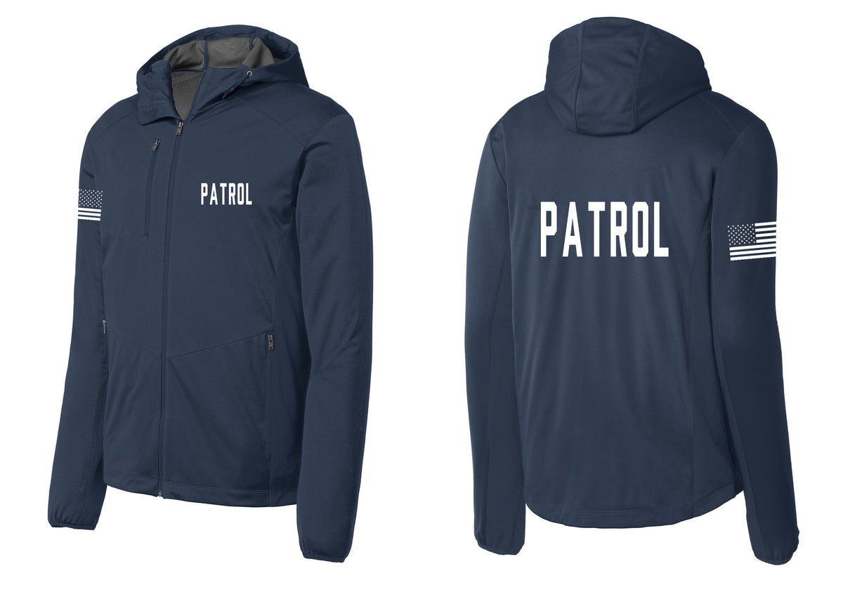 NYC Factory Patrol Soft Shell Hooded Jacket (Classic) - Chest + Back + US Flag Sleeve - Dress Blue Navy