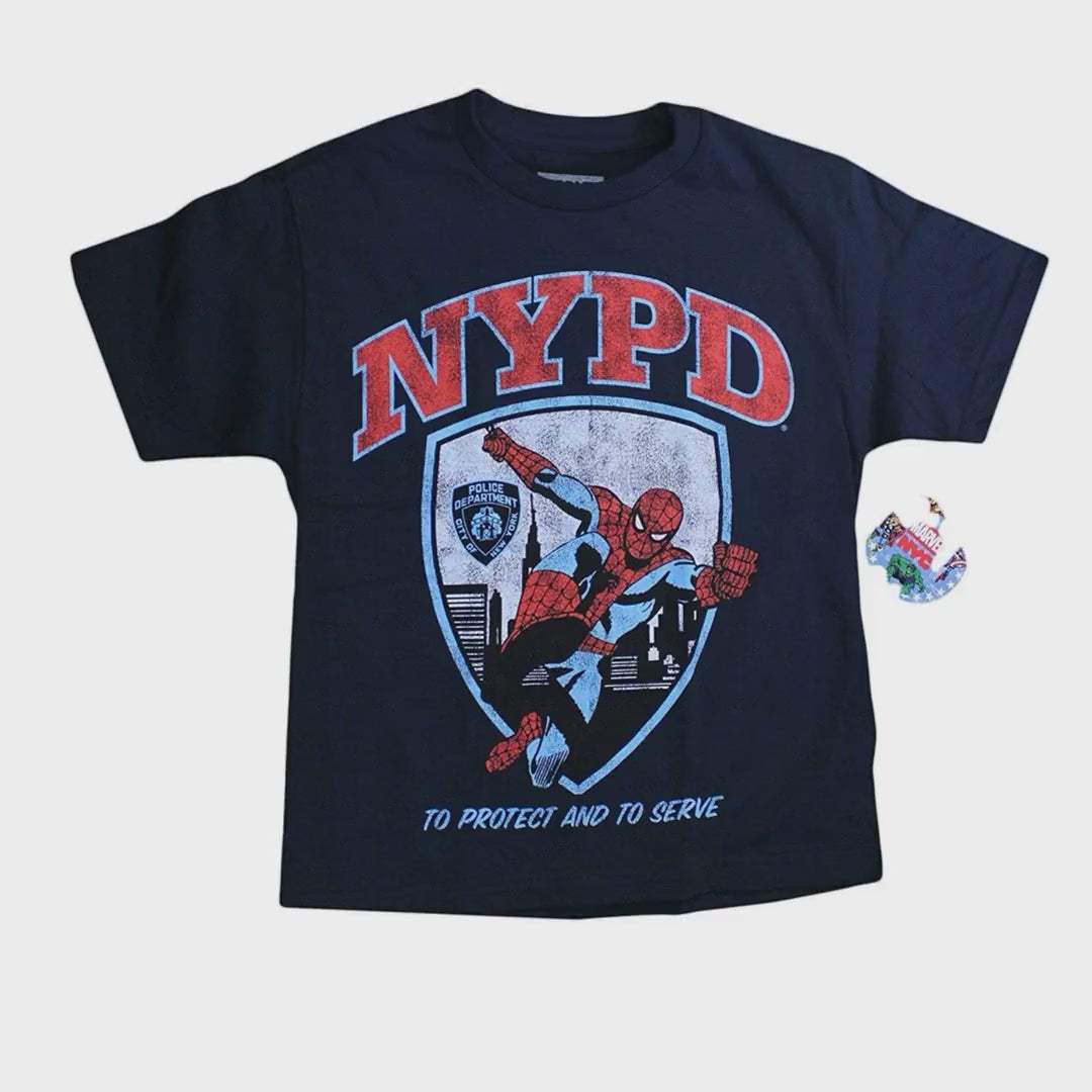 Load video: NYPD Boys' Officially Licensed Marvel Navy T-Shirt